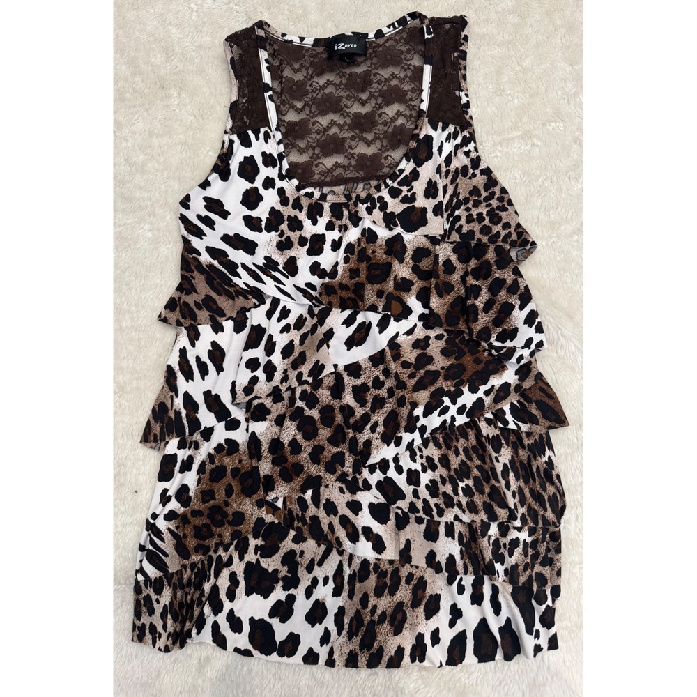 IZ Byer Womens Leopard Print Ruffle Tiered Tank Top Lace Back Brown Large